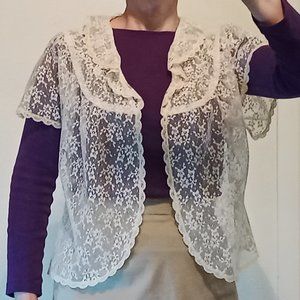 CLEARANCE! Vintage Roberta Cream Lace Top Jacket Sheer Blouse 9-10 Ruffle Collar